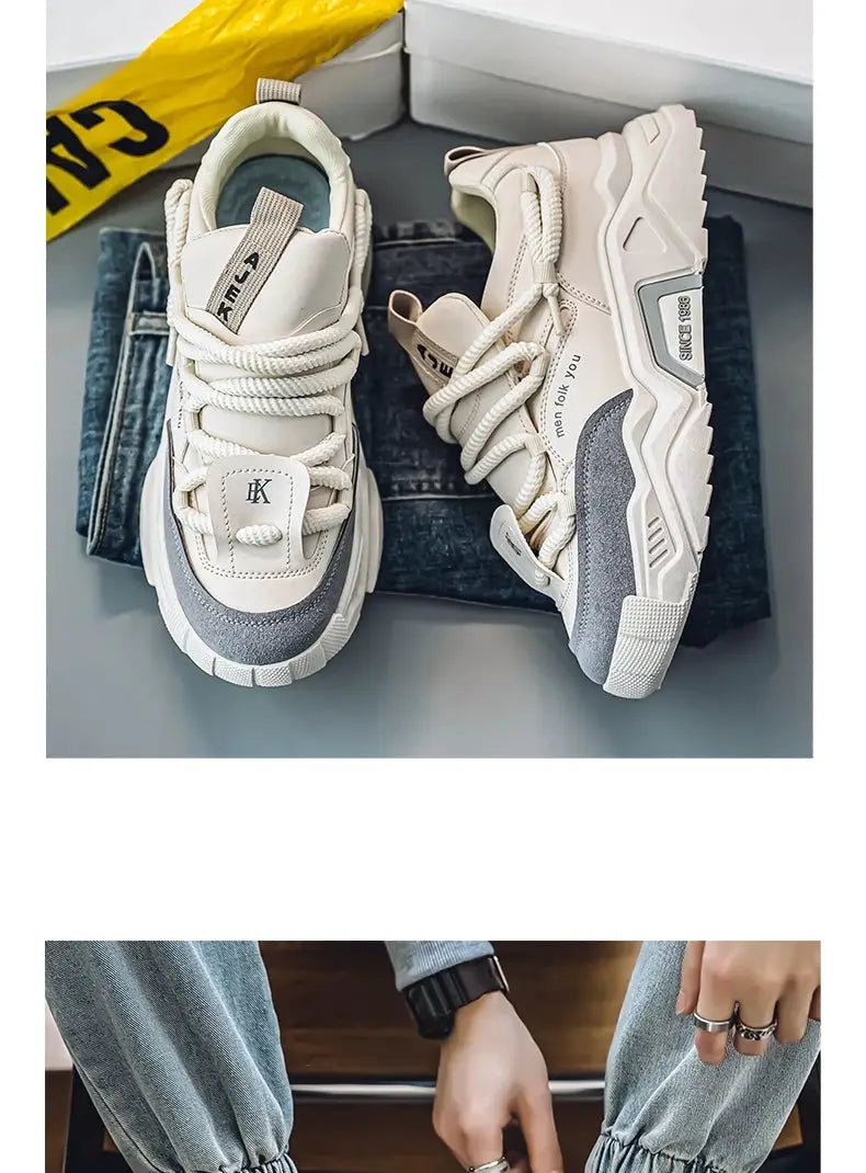 New Men's Casual Sneakers, cream low-top skate shoes with a chunky sole – pair