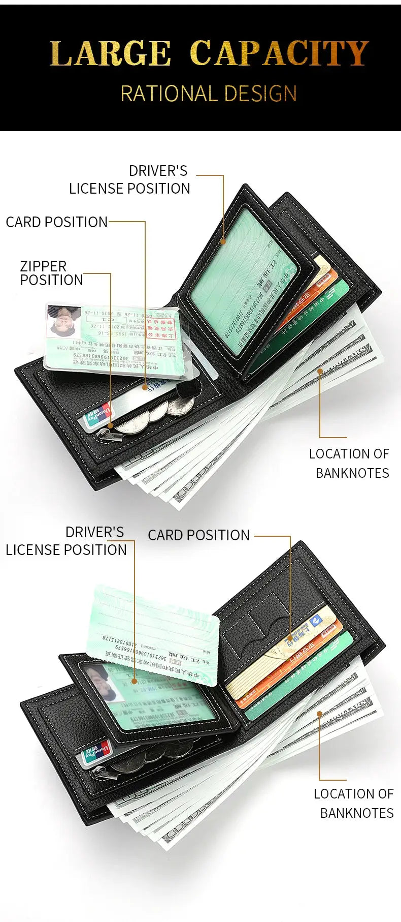 Men's black lychee-pattern wallet by Simples Market with zipper coin purse, card slots and cash compartments