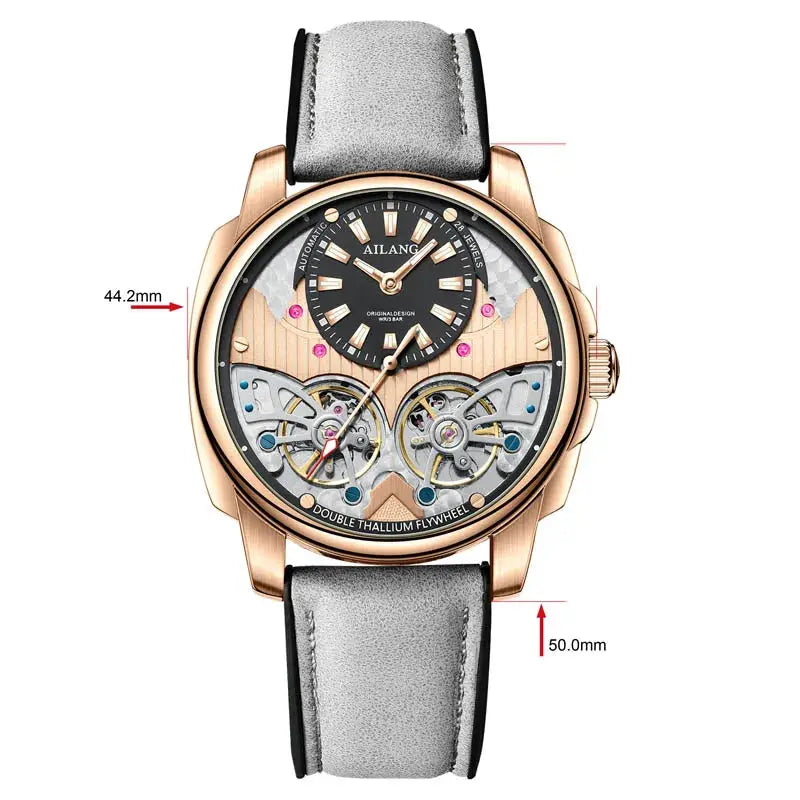AILANG automatic mechanical wristwatch with rose-gold case, dual tourbillon on a skeleton dial and gray leather strap