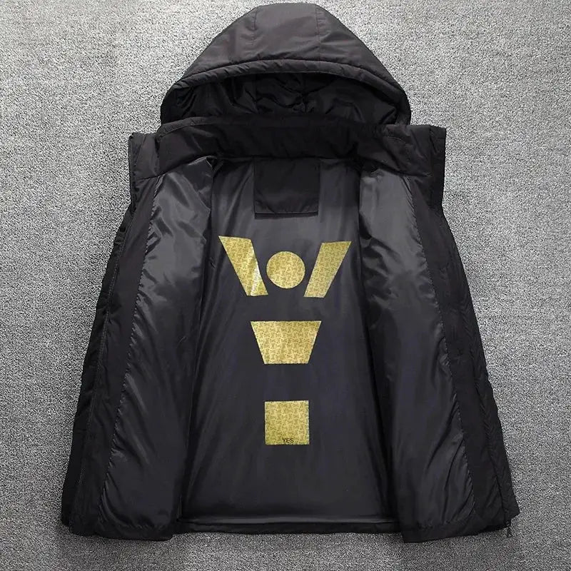 Black men's hooded down jacket, oversized warm padded snow coat with gold inner lining graphic.