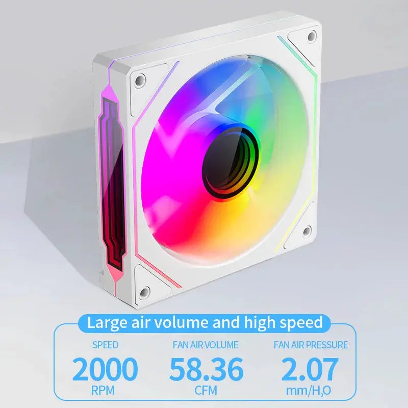 TEUCER LJ-4Pro ARGB 120mm PC case fan by Simples Market, white frame with multi-color lighting, 4-pin PWM, low-noise cooling