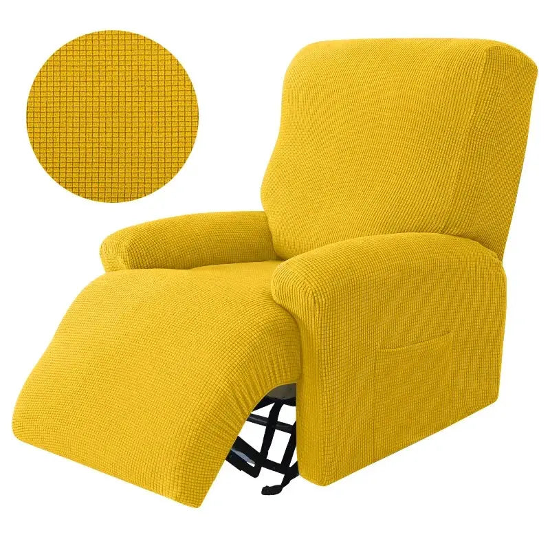 Recliner chair slipcover set in bright yellow stretch spandex, 4-piece, non-slip