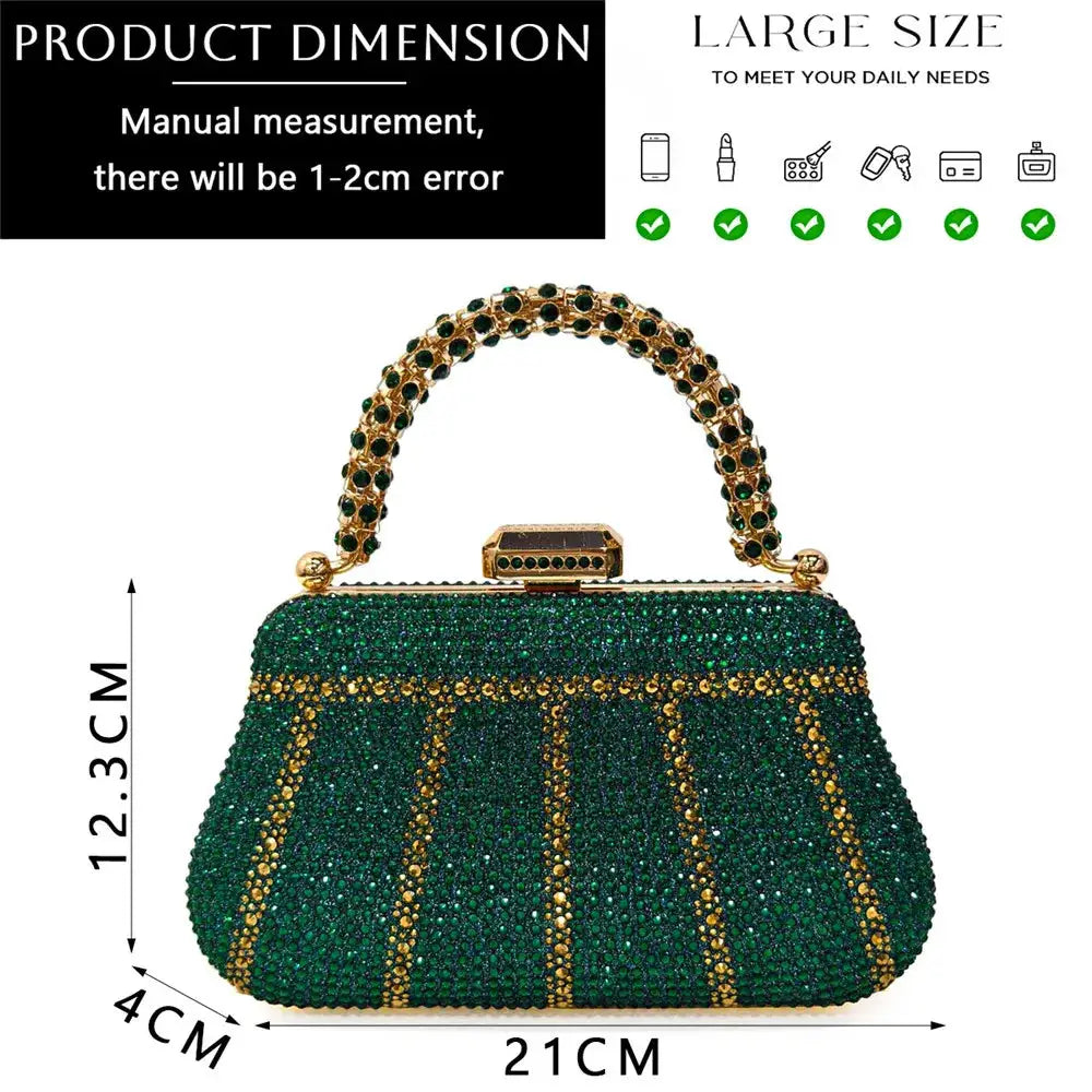 Green rhinestone evening clutch with gold detailing and a jeweled handle, 21cm wide by 12.3cm tall