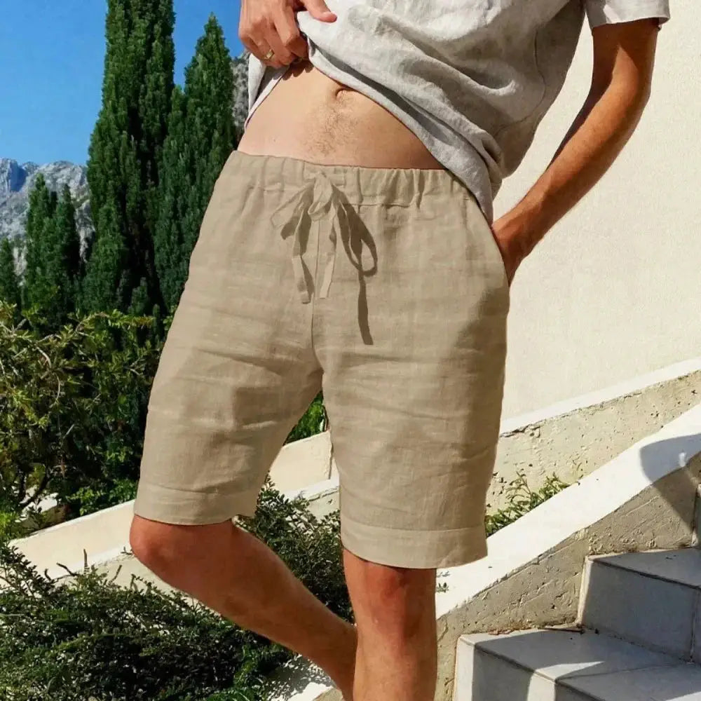 Men's cotton-linen breathable shorts, beige, with drawstring, knee-length casual streetwear