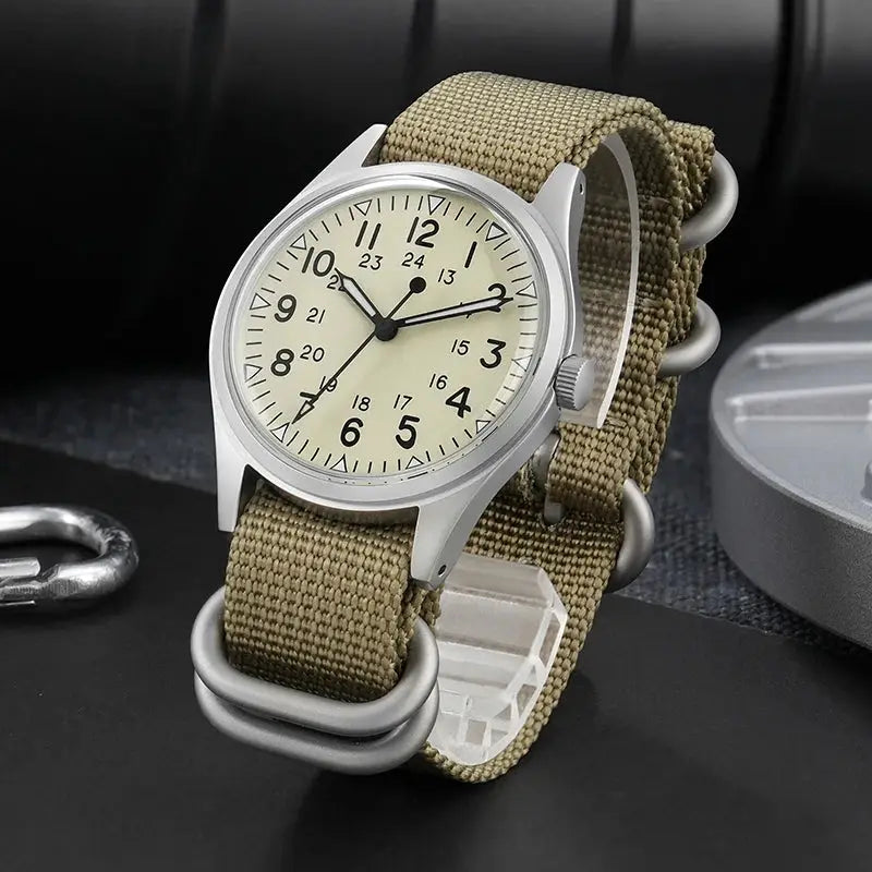 Militado ML07 quartz field watch with beige dial, khaki nylon strap, stainless steel case