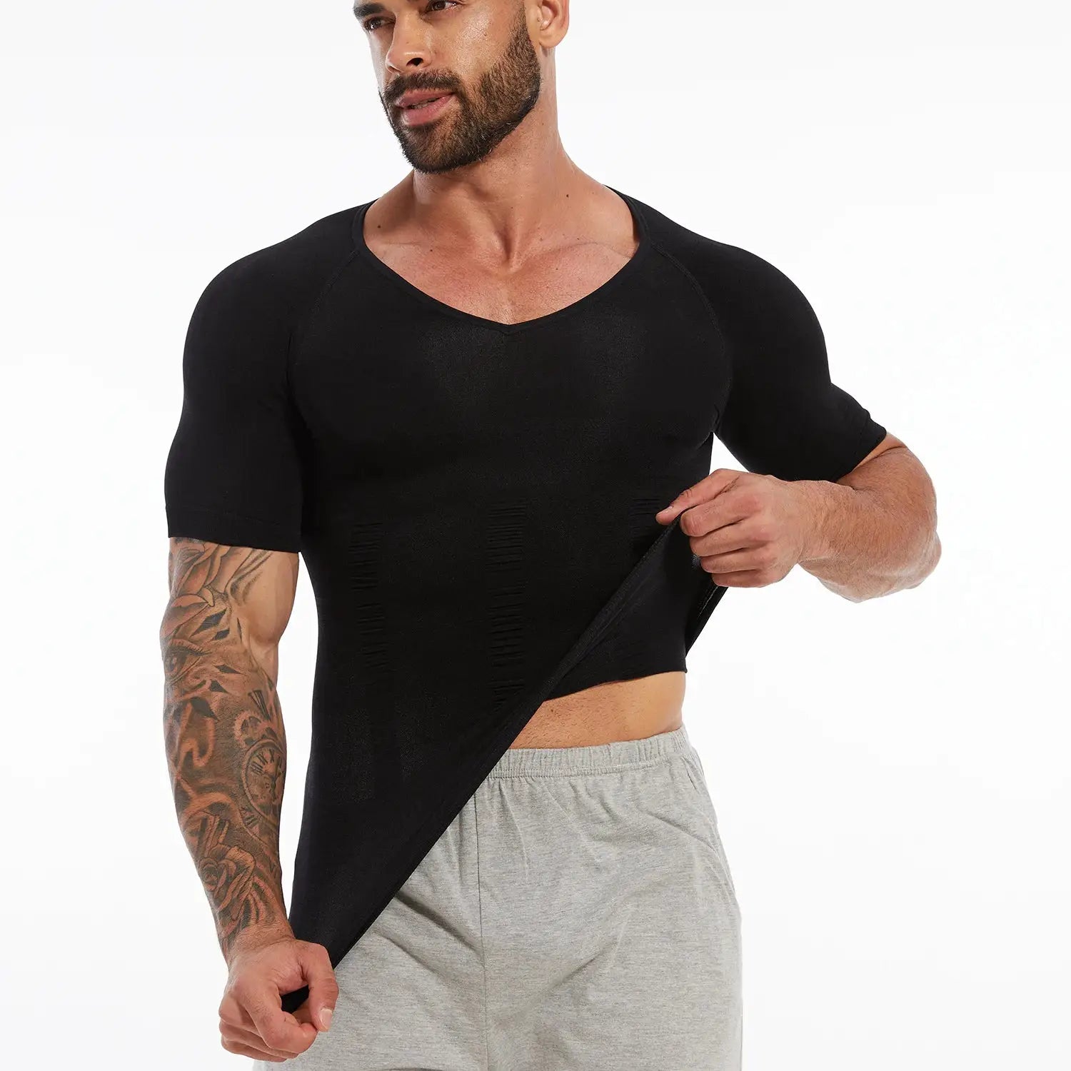 Men's short-sleeve compression T-shirt, black V-neck shapewear with tummy control