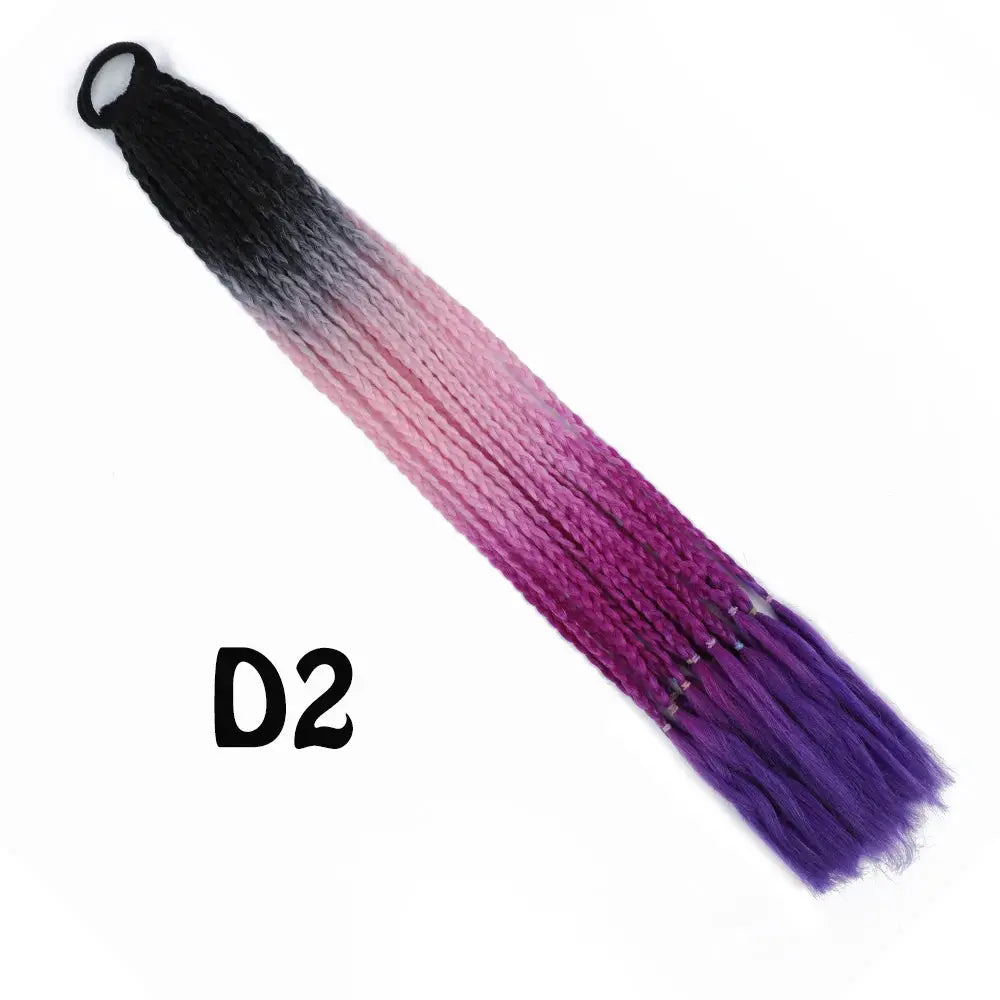 Synthetic gradient braided ponytail extension with elastic band, 24in, black to pink to purple ombre