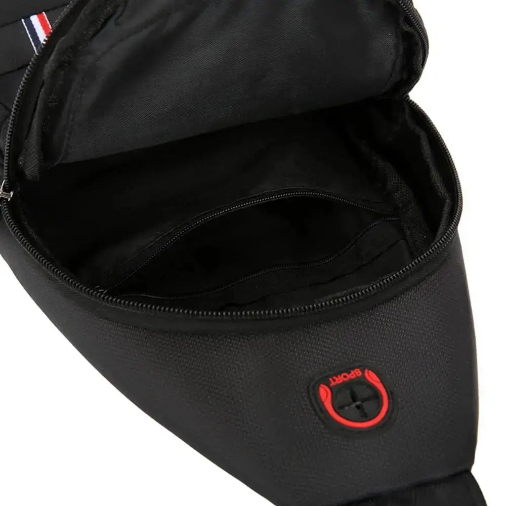 Men's black Oxford crossbody messenger bag with USB charging port and three zippers.