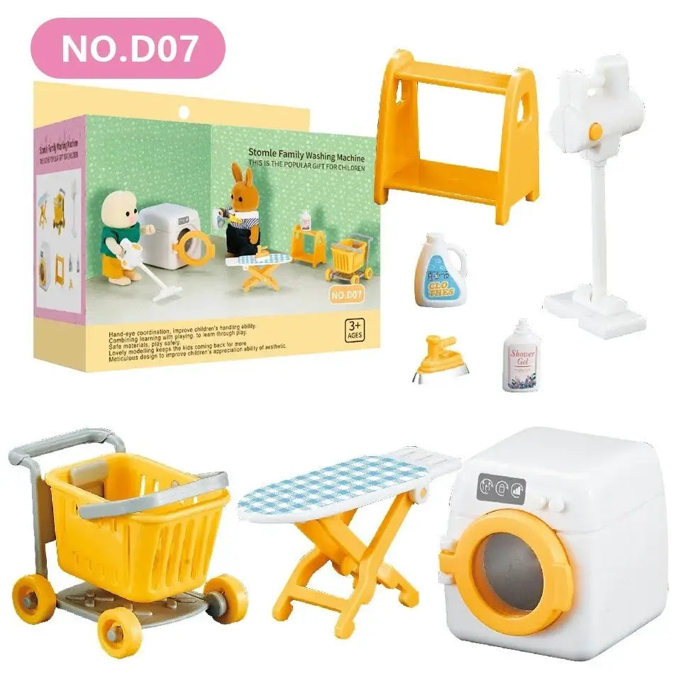 Dollhouse Furniture Set For Bathroom Kitchen Laundry With Fridge And Washing Machine Miniature Pretend Play Toys