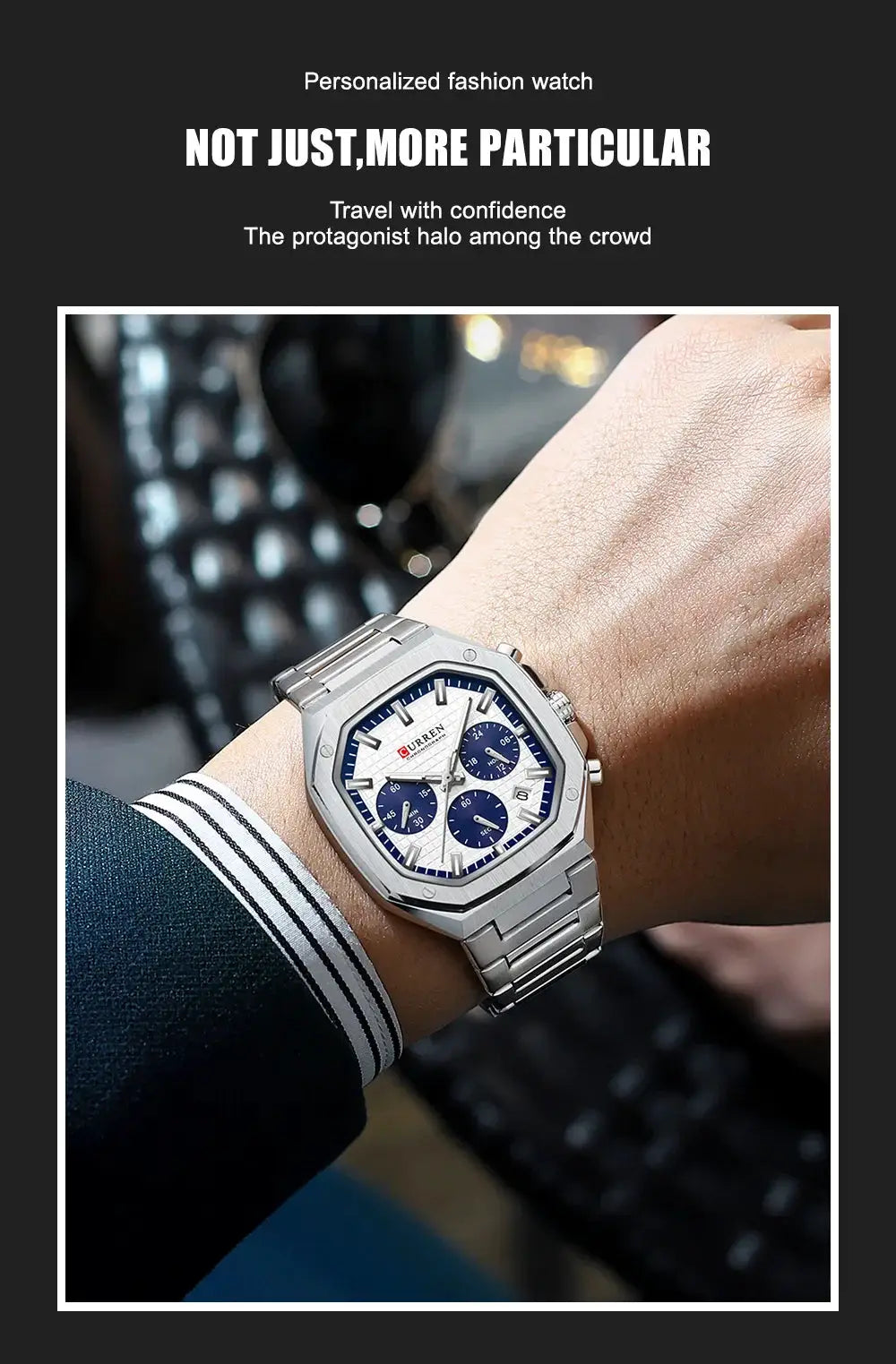 CURREN square stainless steel chronograph watch with date and blue subdials on wrist