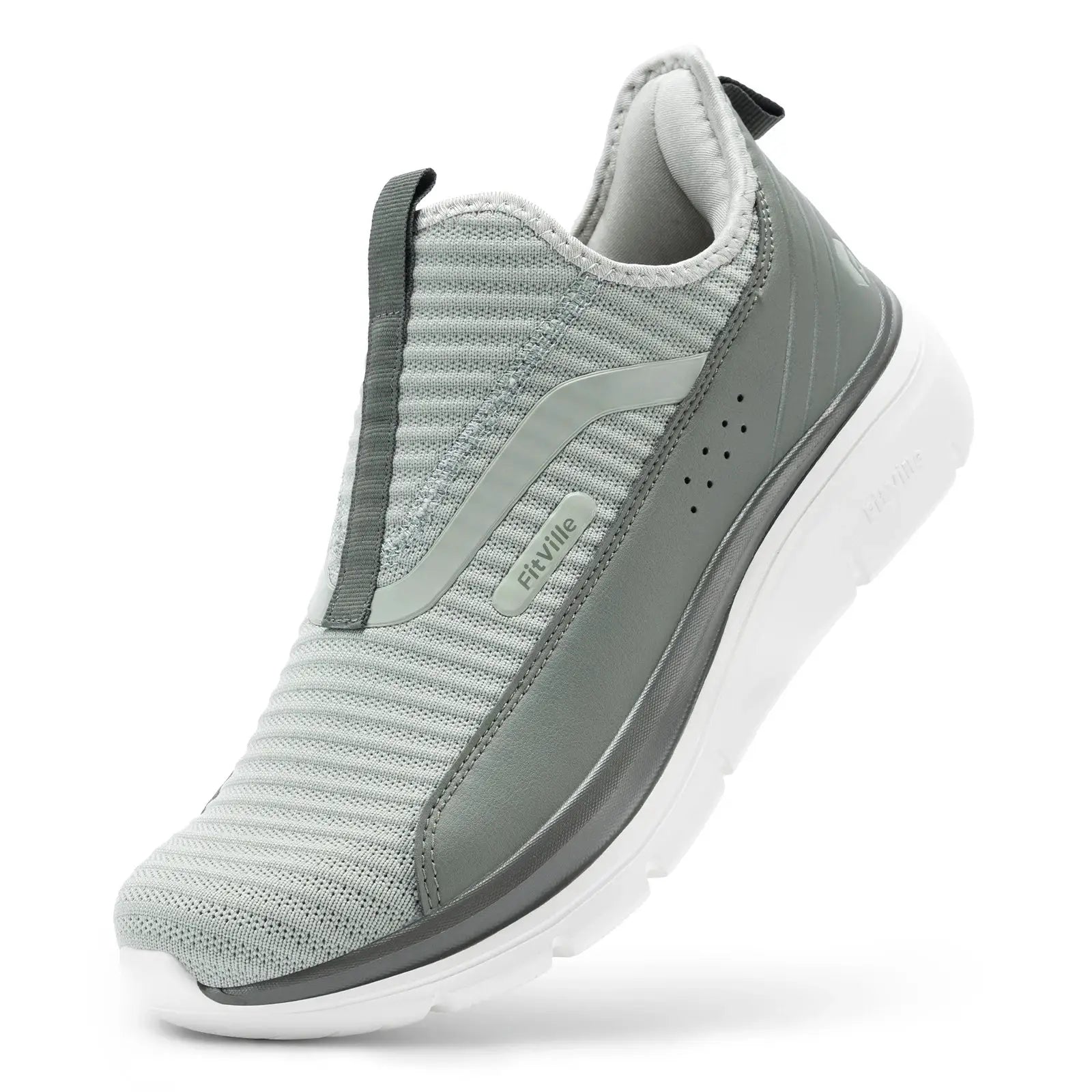 FitVille wide men's sneaker with grey knit upper and white sole.