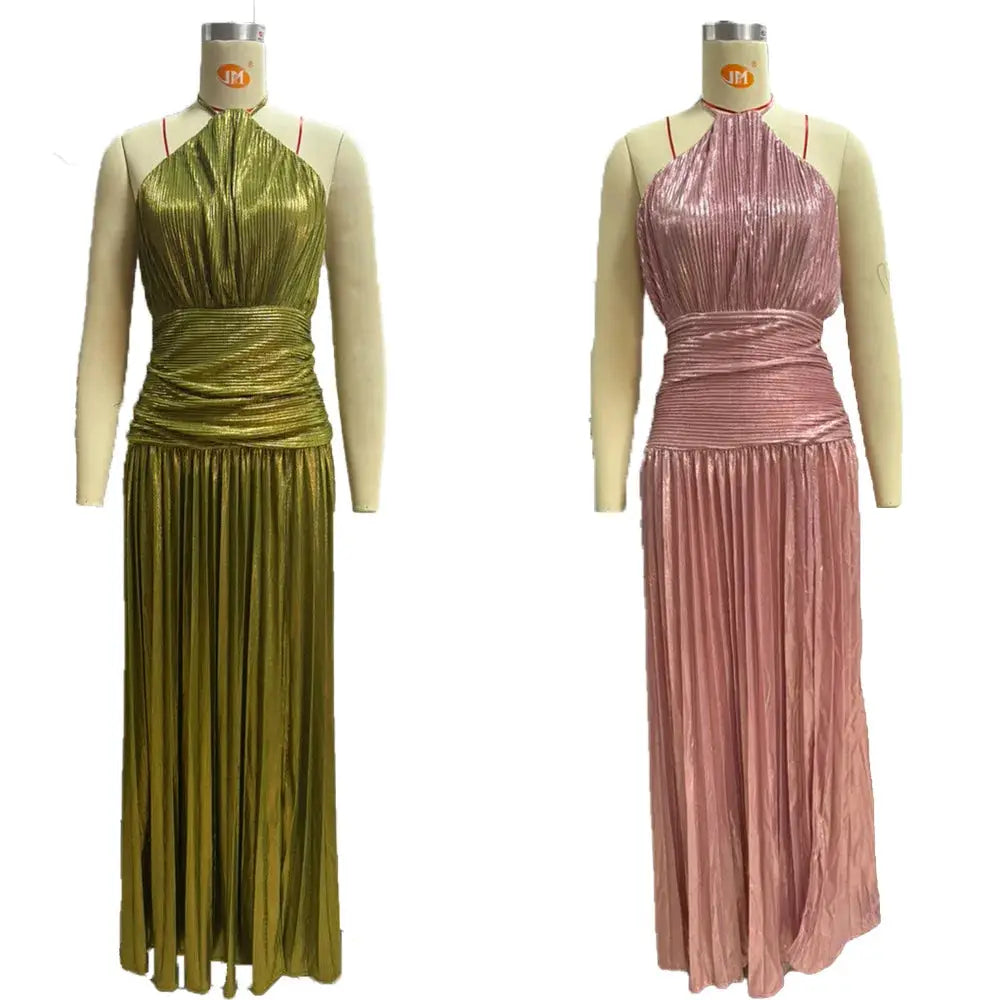 Aurora Gold Halter Neck Evening Dress With Backless Pleated Silhouette And Hip Slit For Formal Occasions