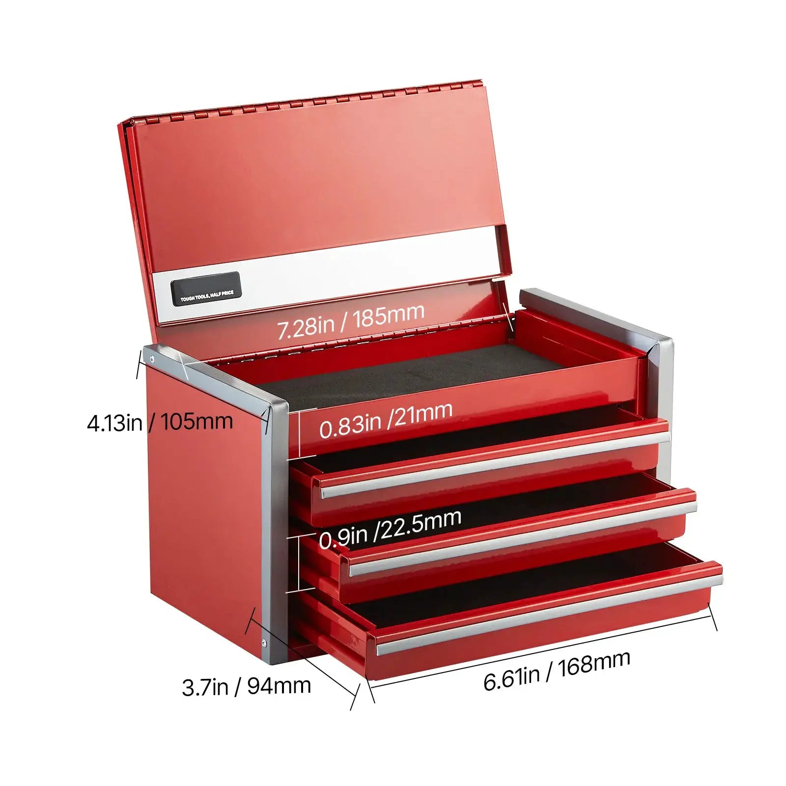 Red metal 3-drawer tool box with feet pads and ball-bearing slides by Simples Market
