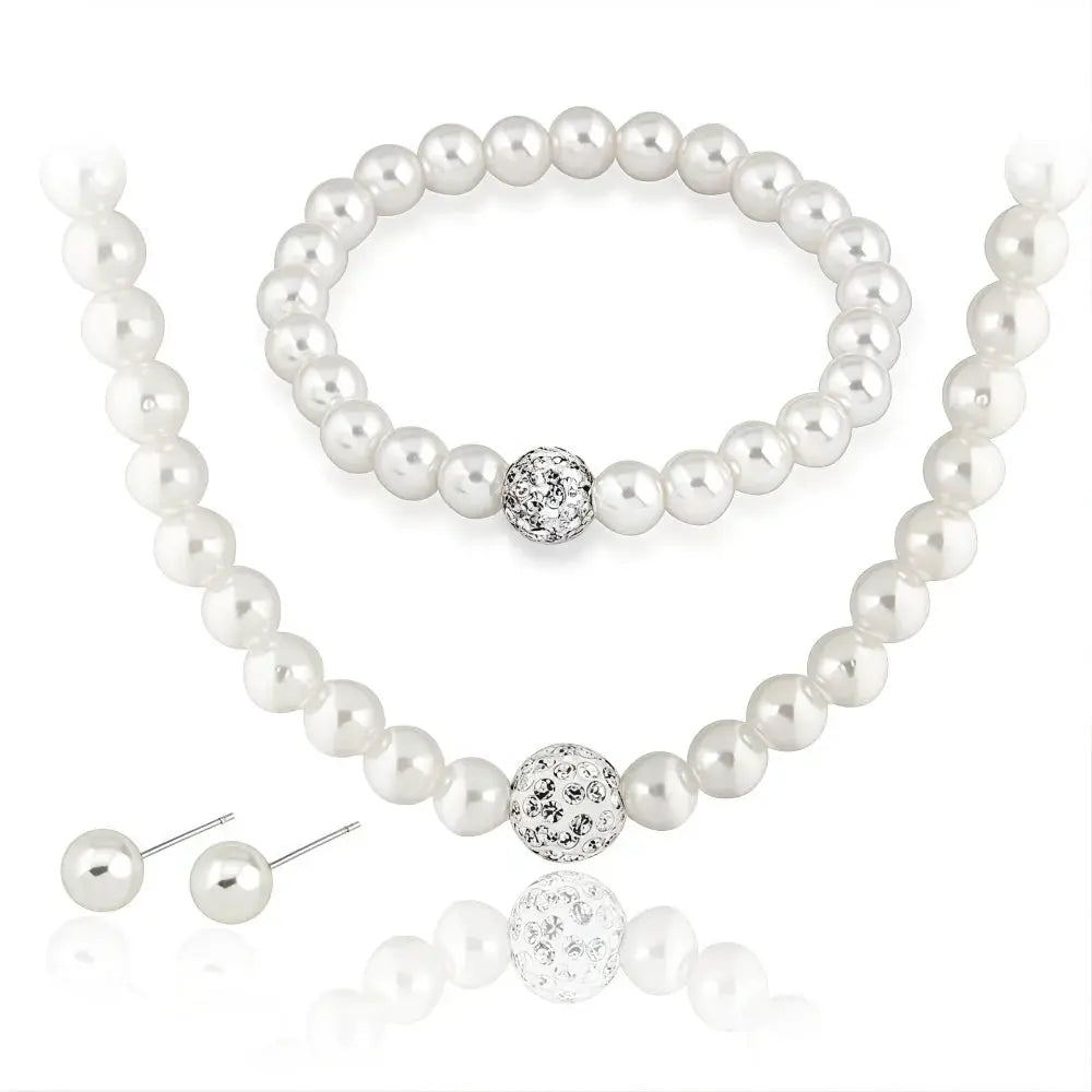 3 Piece Imitation Pearl Fireball Necklace Bracelet Earring Stud Jewelry Set For Women Silver Crystal Bridal Gift