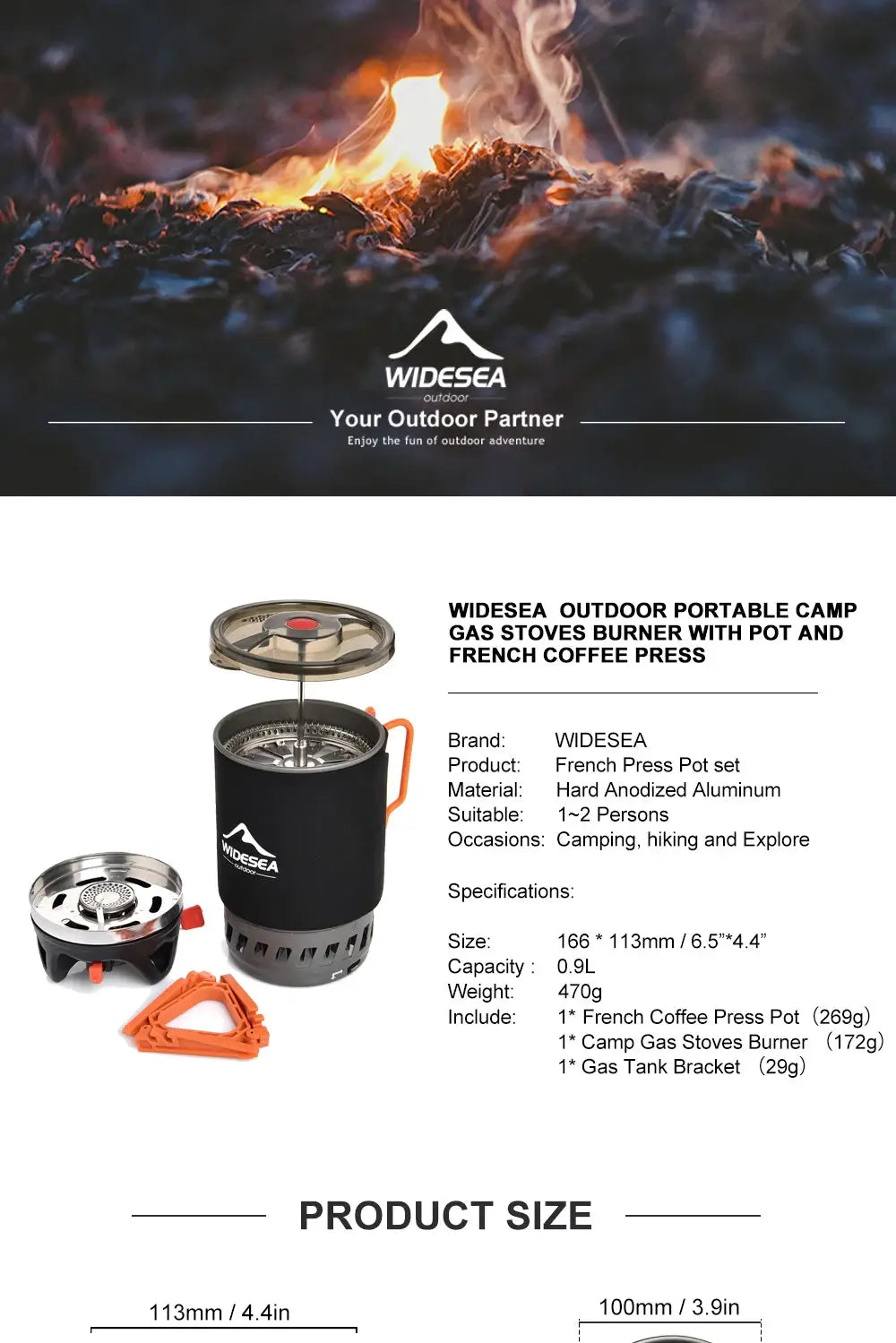 Widesea outdoor portable camp gas stove burner with pot and French press; hard anodized aluminum, 1–2 persons