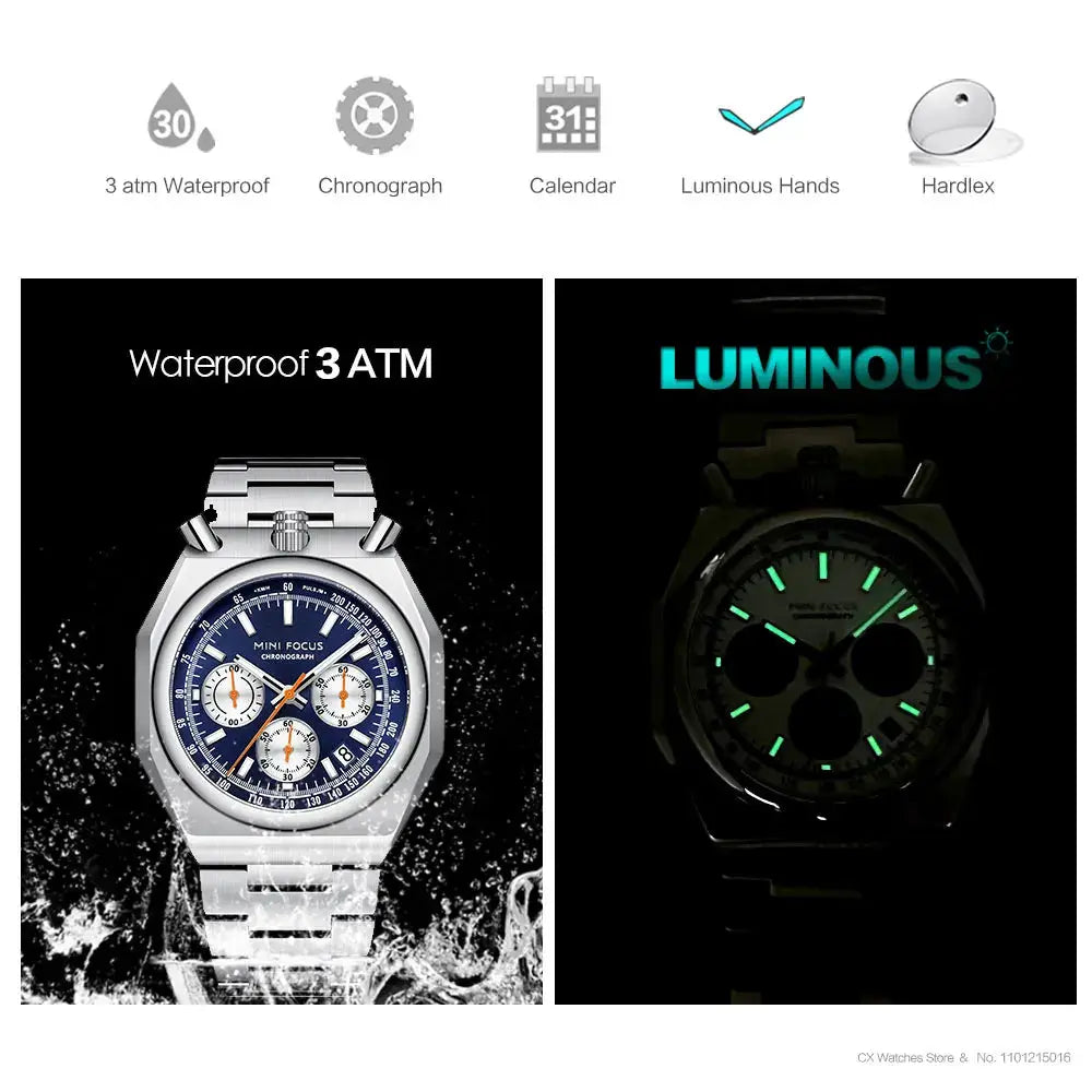 MINI FOCUS chronograph watch, two views, stainless steel strap, 3 ATM waterproof, luminous hands
