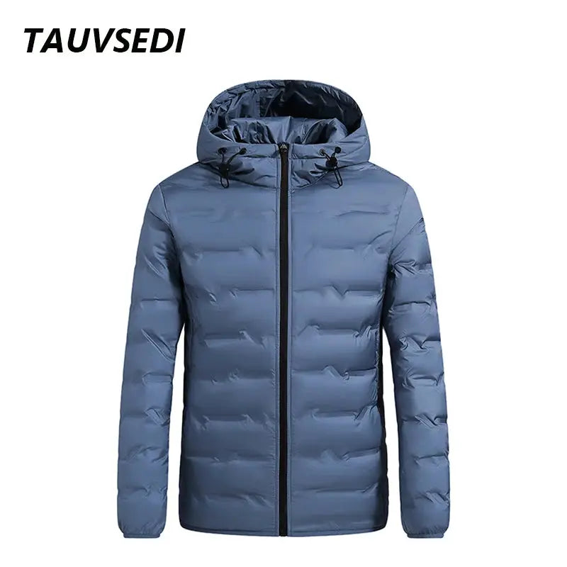 Men's blue down puffer jacket with hood, quilted, zip-front by TAUVSEDI