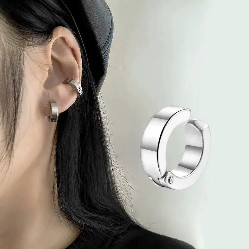 ZAKOL 2Pcs Set Non Piercing Ear Clip Earrings For Men Circle Round Punk Rock Style Stainless Steel Jewelry Gift