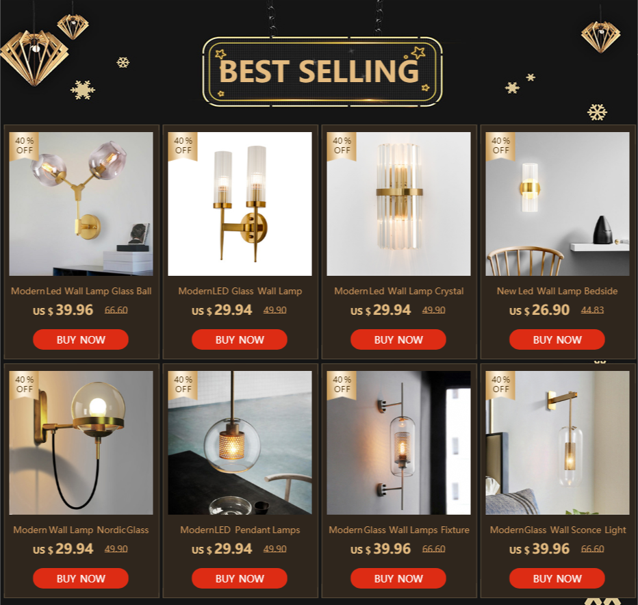 Modern glass wall lamp fixtures in gold finish by Simples Market, displayed in a nine-item grid.