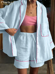 Blue Cotton Two Piece Set Women With Long Sleeve And High Waist Shorts