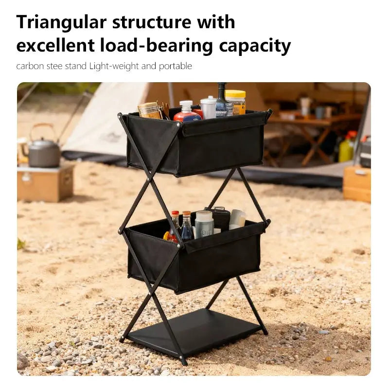 TARKA camping three-layer folding storage rack with black fabric bins, Simples Market outdoor organizer