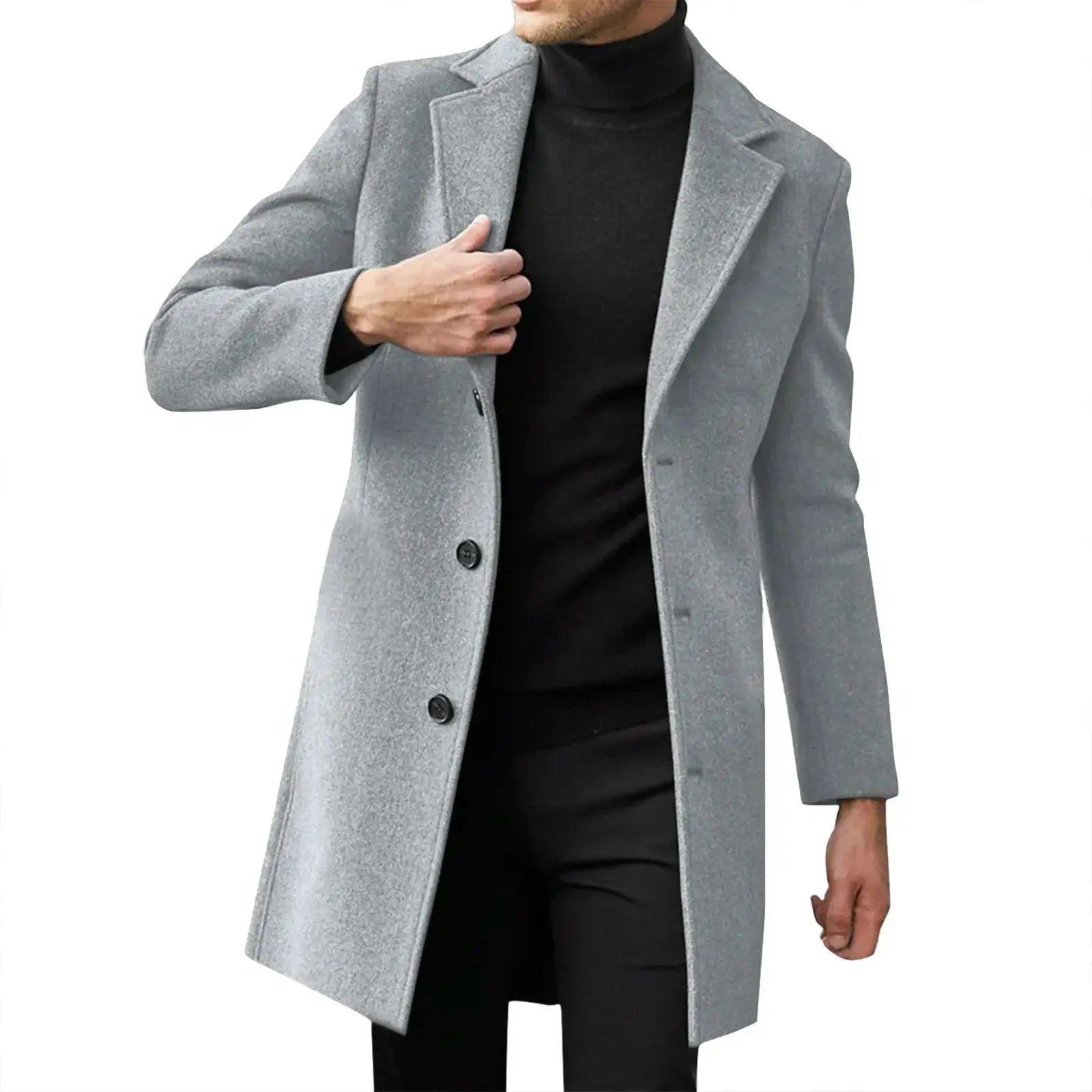 Men's gray wool-blend trench coat, mid-length, worn over a black turtleneck.
