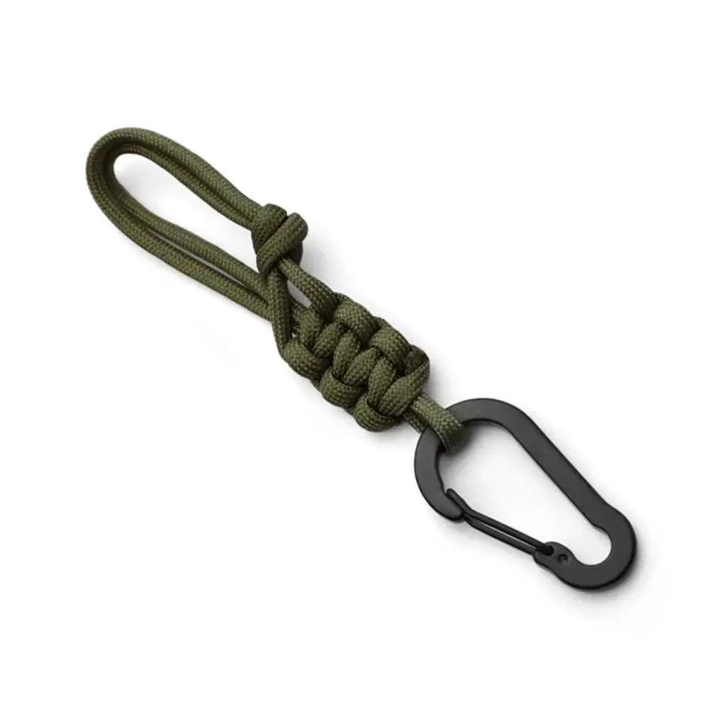 Paracord keychain in olive green with black carabiner clip.
