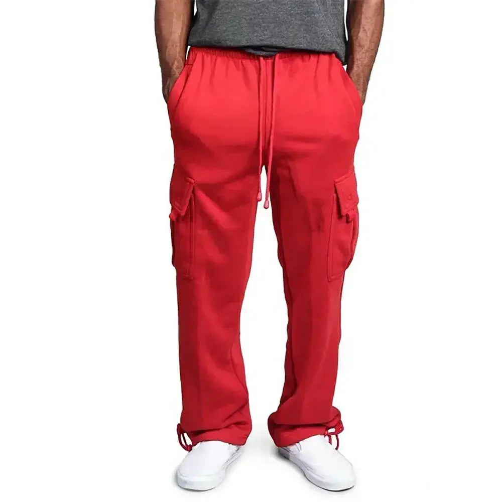 Men's red cargo joggers with flap pockets, drawstring waist, loose sport fit
