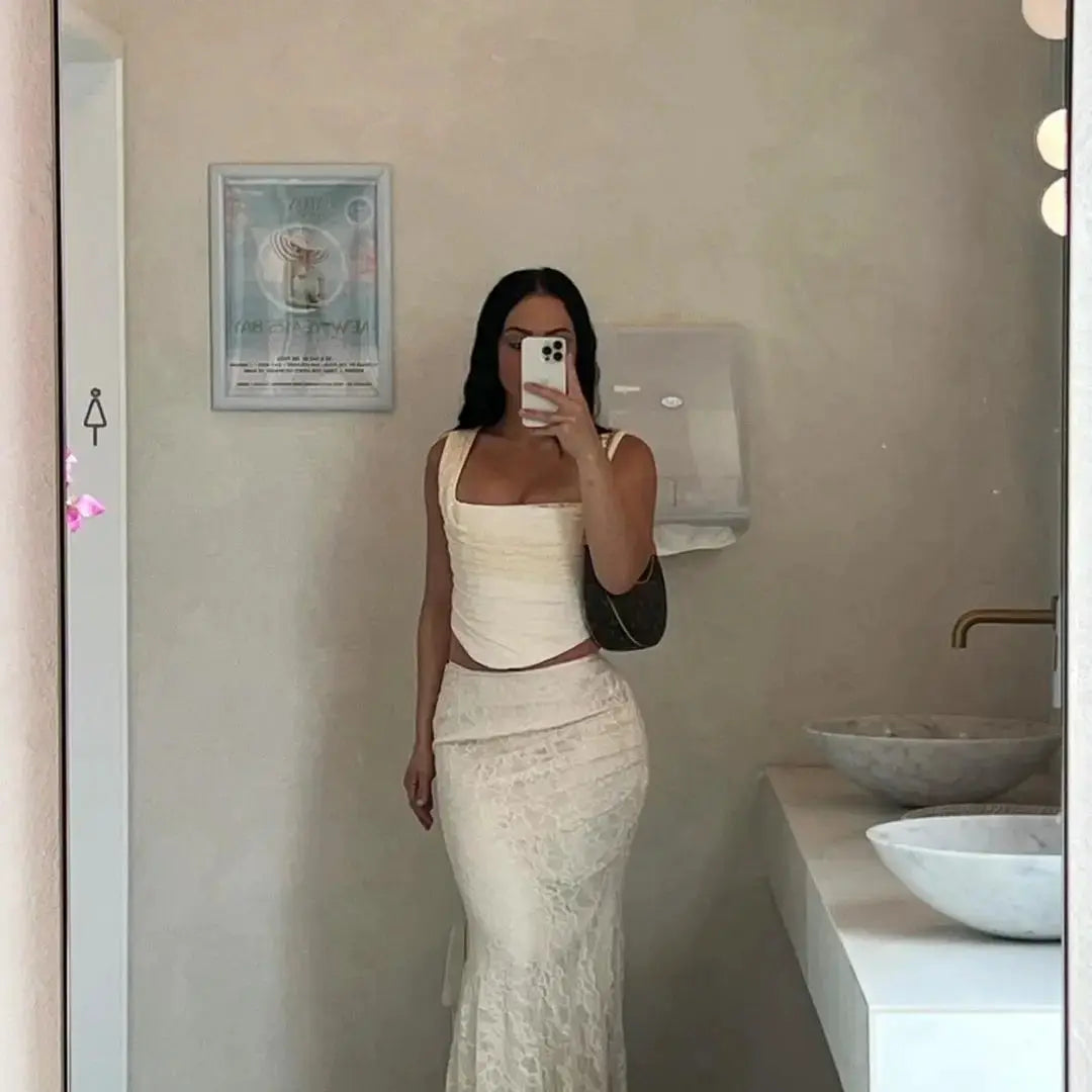 Minigmingxi 2024 Summer Beige Two Piece Dress Set Mermaid Skirt