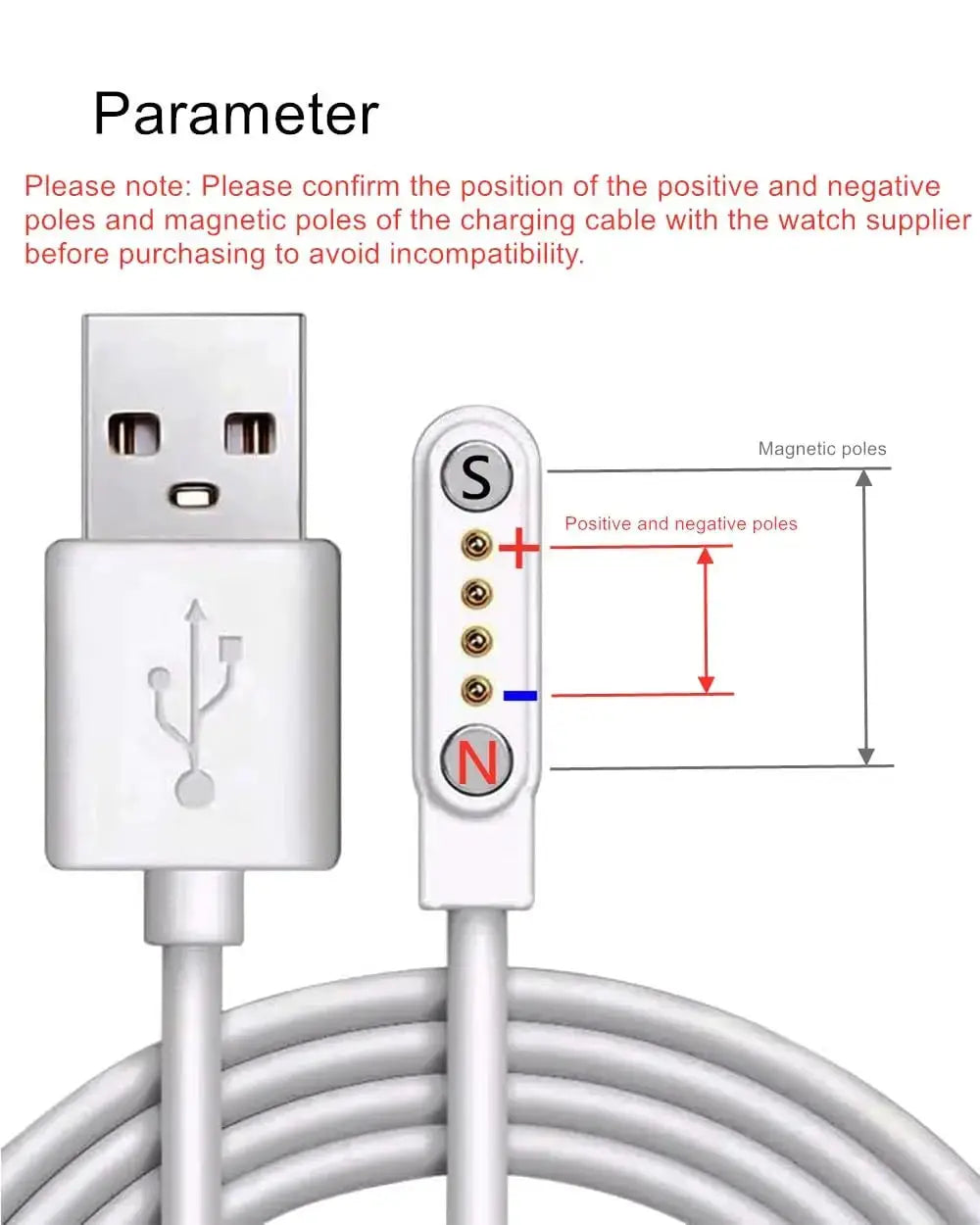 Magnetic Charge USB charging cable for smart watches with white USB-A plug and magnetic charger tip Simples Market