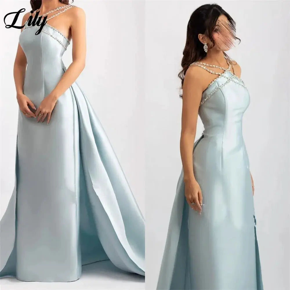 Lily Light Blue Prom Dress With Shiny Beading Halter Detachable Train