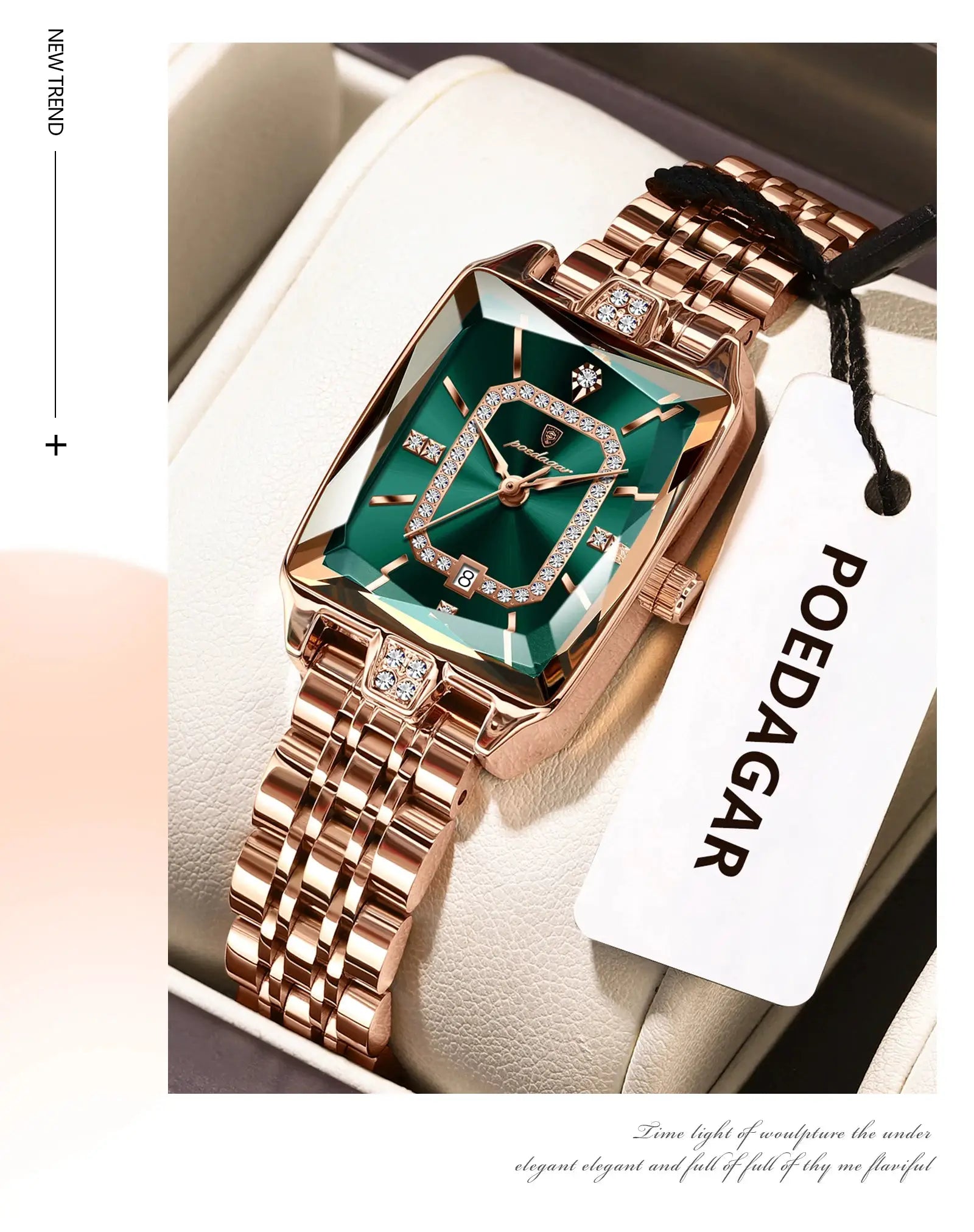 POEDAGAR women's luxury watch in rose-gold stainless steel with green dial and diamond-studded bezel