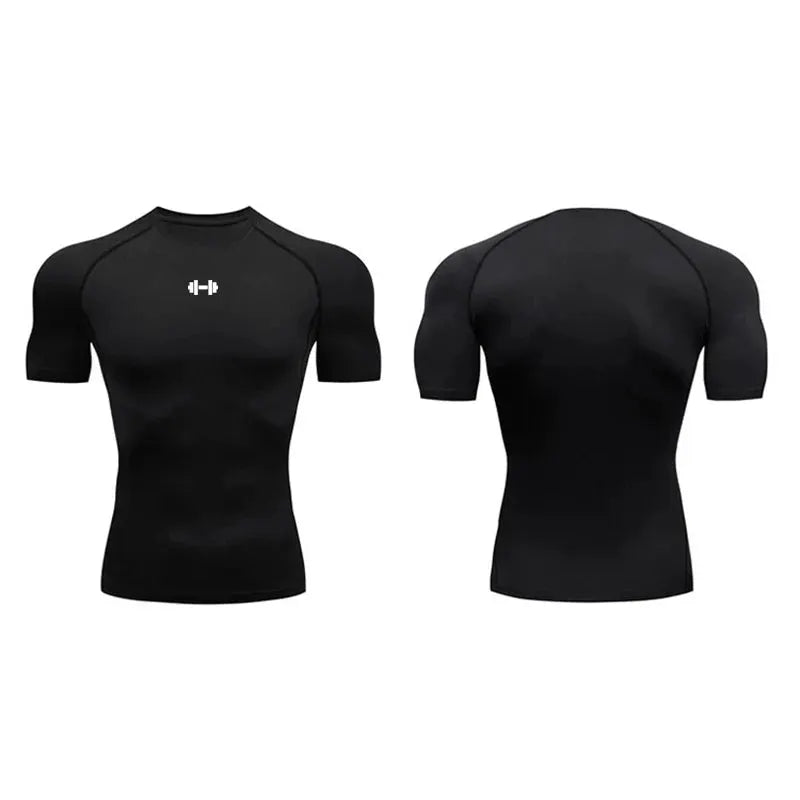 Simples Market black men's compression T-shirt with quick-dry fabric, short sleeves and front logo (front/back views).