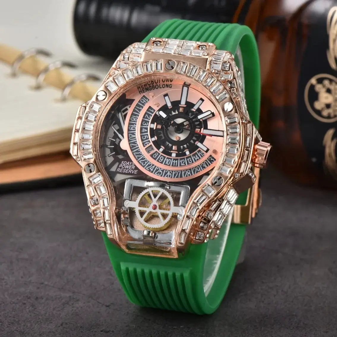 Men's luxury watch with diamond-studded rose-gold case and green rubber strap