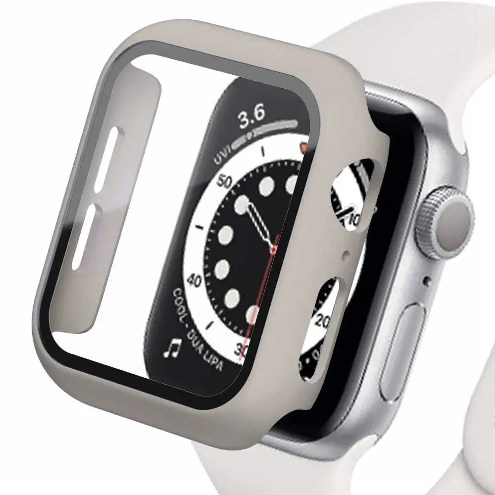 Apple Watch case with tempered glass screen protector in beige/gray for 40–45mm models by Simples Market