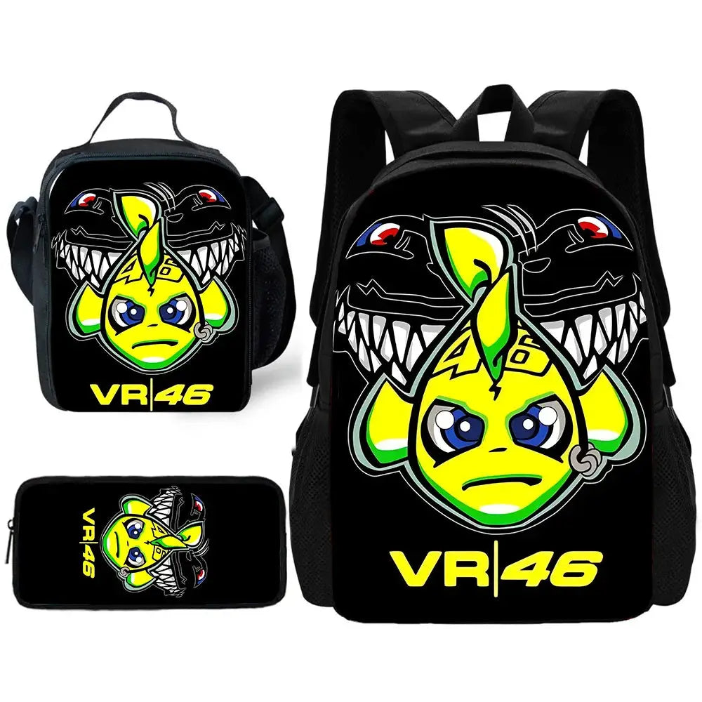 VR46 kids backpack set with lunch bag and pencil case, black with neon yellow-green graphic and VR46 logo, 3 pieces
