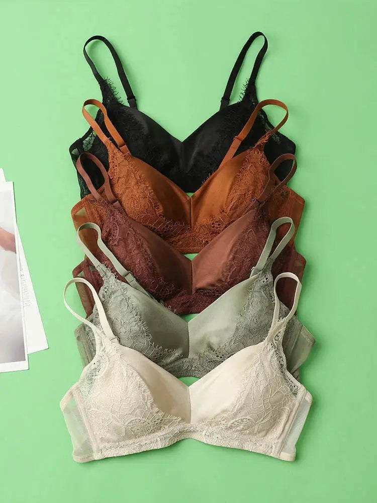 SuyaDream silk lace padded bras, wire-free, stacked in black, rust, brown, sage, ivory