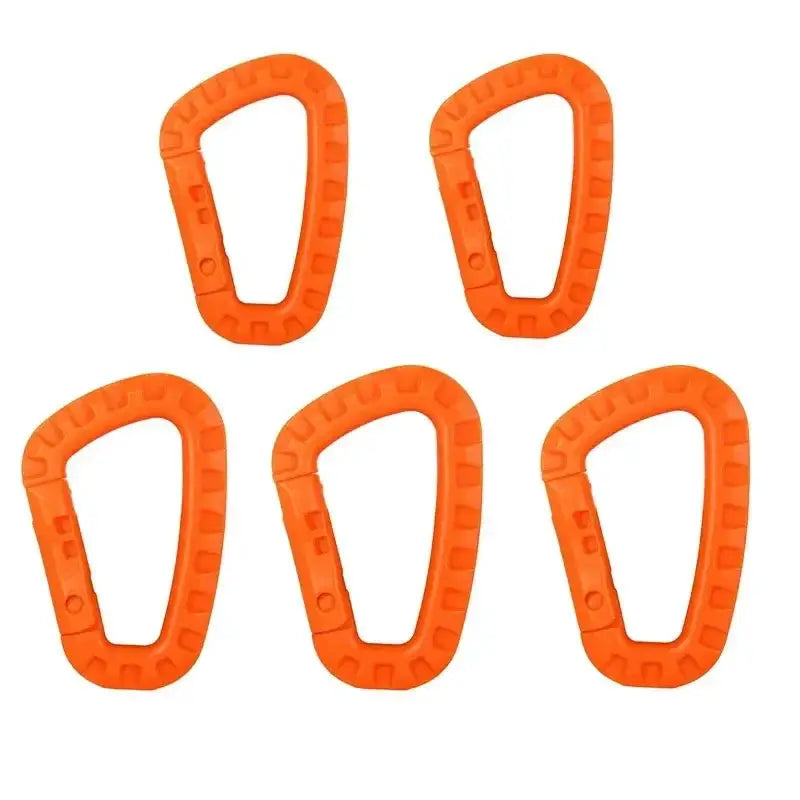 Five orange plastic carabiners, D‑ring clips for outdoor gear and backpacks