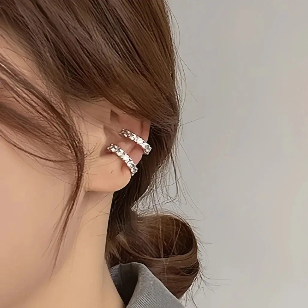 2Pcs rhinestone zircon ear cuffs by Simples Market; silver-tone C-shaped ear wrap clips