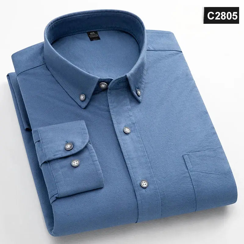 Long-sleeve blue oxford shirt, 100% cotton, button-down collar, single chest pocket