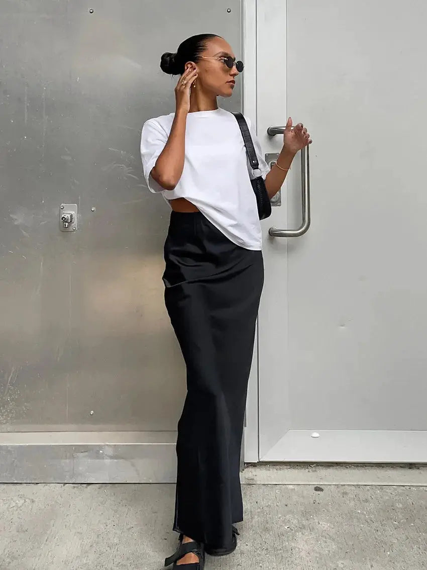 Satin black trumpet skirt for women, high-waist, long office-style silhouette
