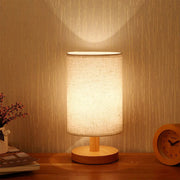 WoodCraft USB Bedside Lamp With Warm Wood Finish And Cylinder Linen Shade For Eye Friendly Lighting