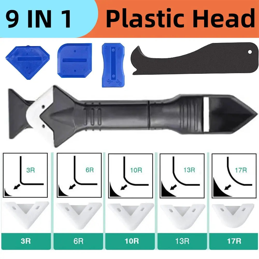 9-in-1 silicone scraper caulk remover kit from Simples Market with blue heads, black handle, and five corner tools.