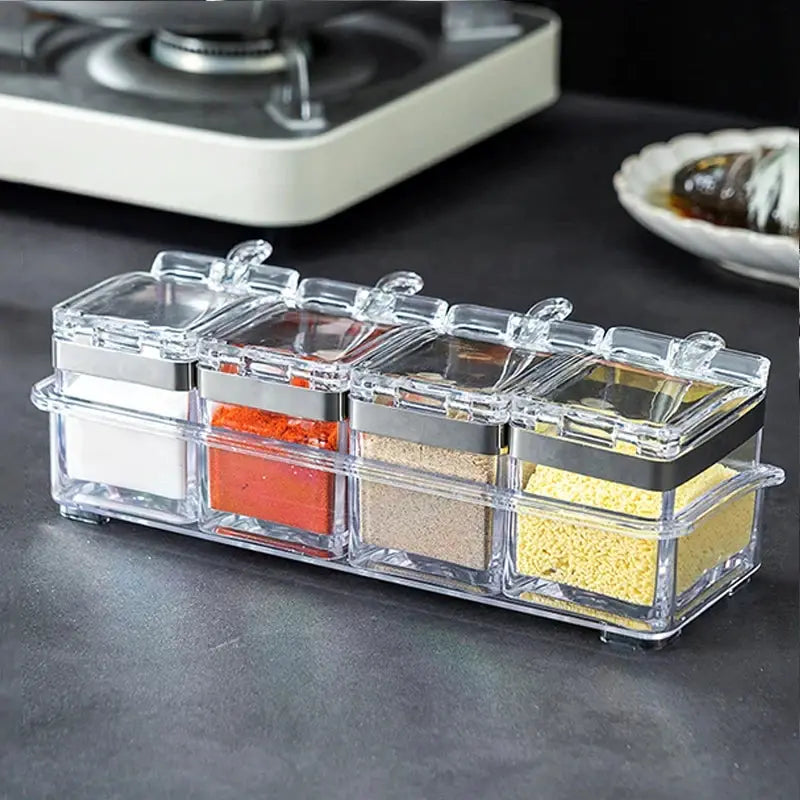 4 Pack Transparent Acrylic Spice Storage Boxes With Lids And Spoons For Kitchen Organization And Dry Goods
