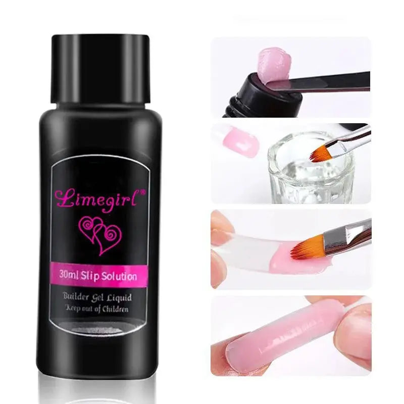 Nail gel bottle Limegirl, 30ml slip solution; black bottle with pink label and collage of gel application steps