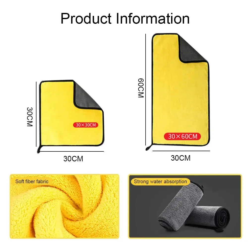 Car wash microfiber towels in yellow; two sizes 30x30 cm and 30x60 cm, soft fiber fabric with strong water absorption.