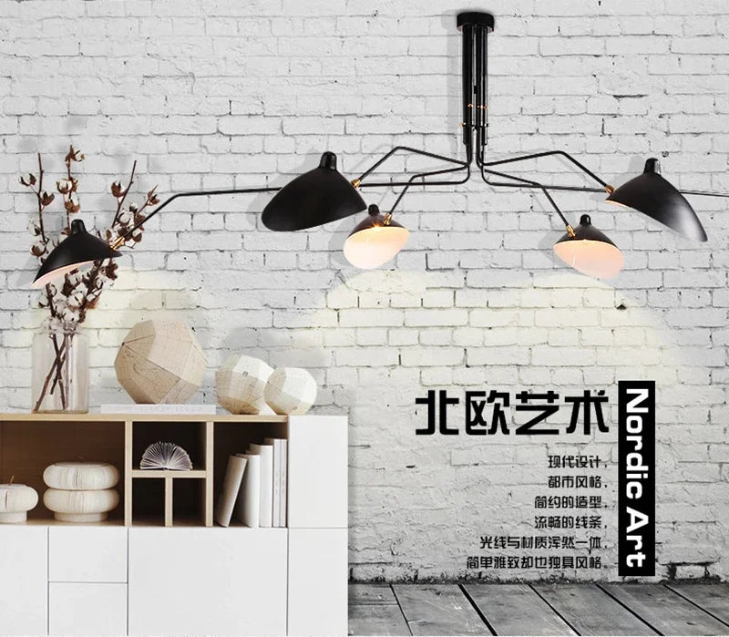 Mouille ceiling lamp Nordic spider pendant light, black metal multi-head fixture for living room and bedroom decor.