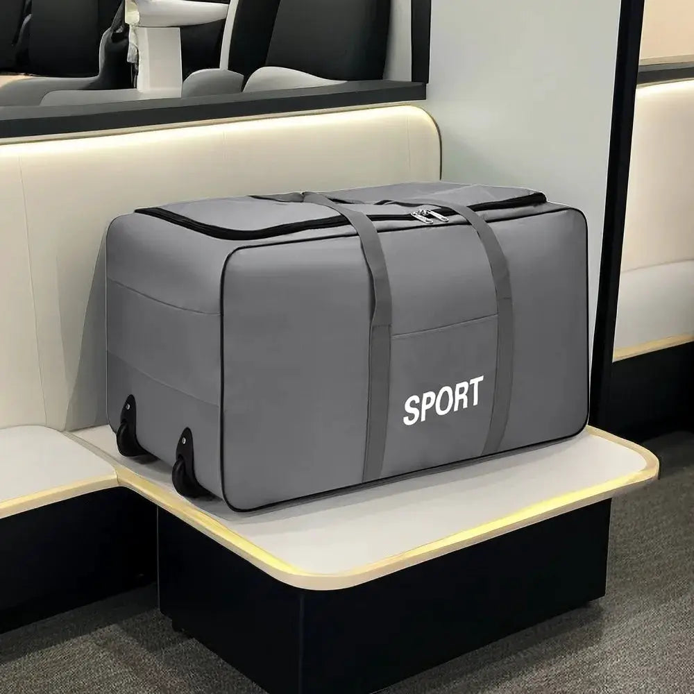 Foldable luggage storage bag with wheels in gray, large-capacity carry-on carrier with SPORT branding