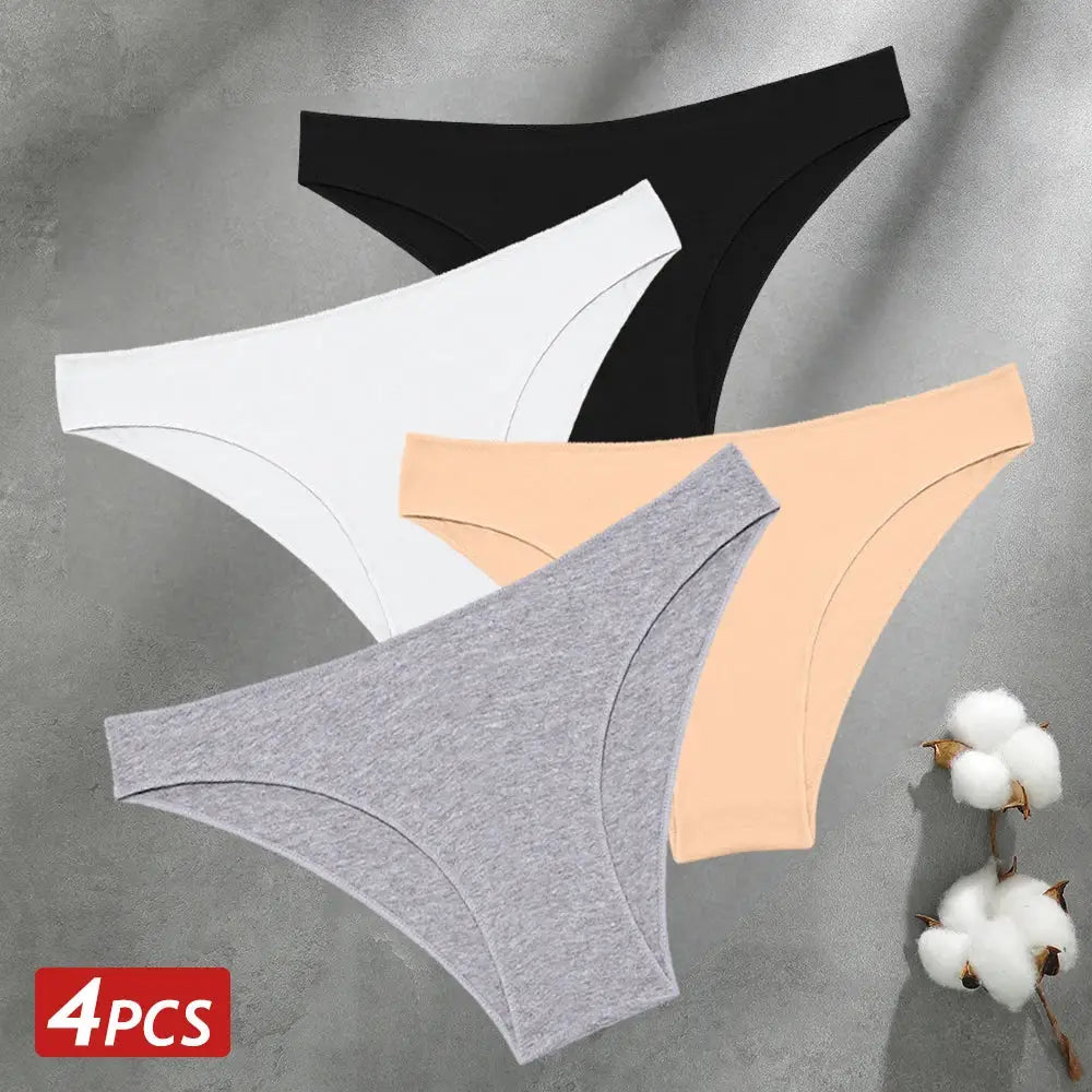 Simples Market 4PCS seamless cotton women's briefs set in black, white, gray, and peach; low-rise breathable underpants