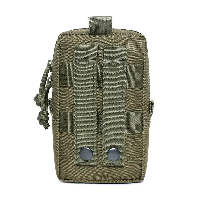 Olive green tactical MOLLE pouch with back straps, compact EDC tool bag.